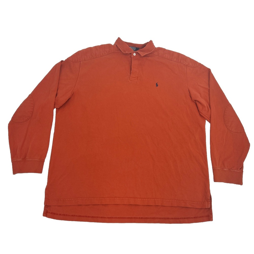 Polo by Ralph Lauren Rugby Shirt Men XXL‎ 2XL Orange Long Sleeve Elbow Patches